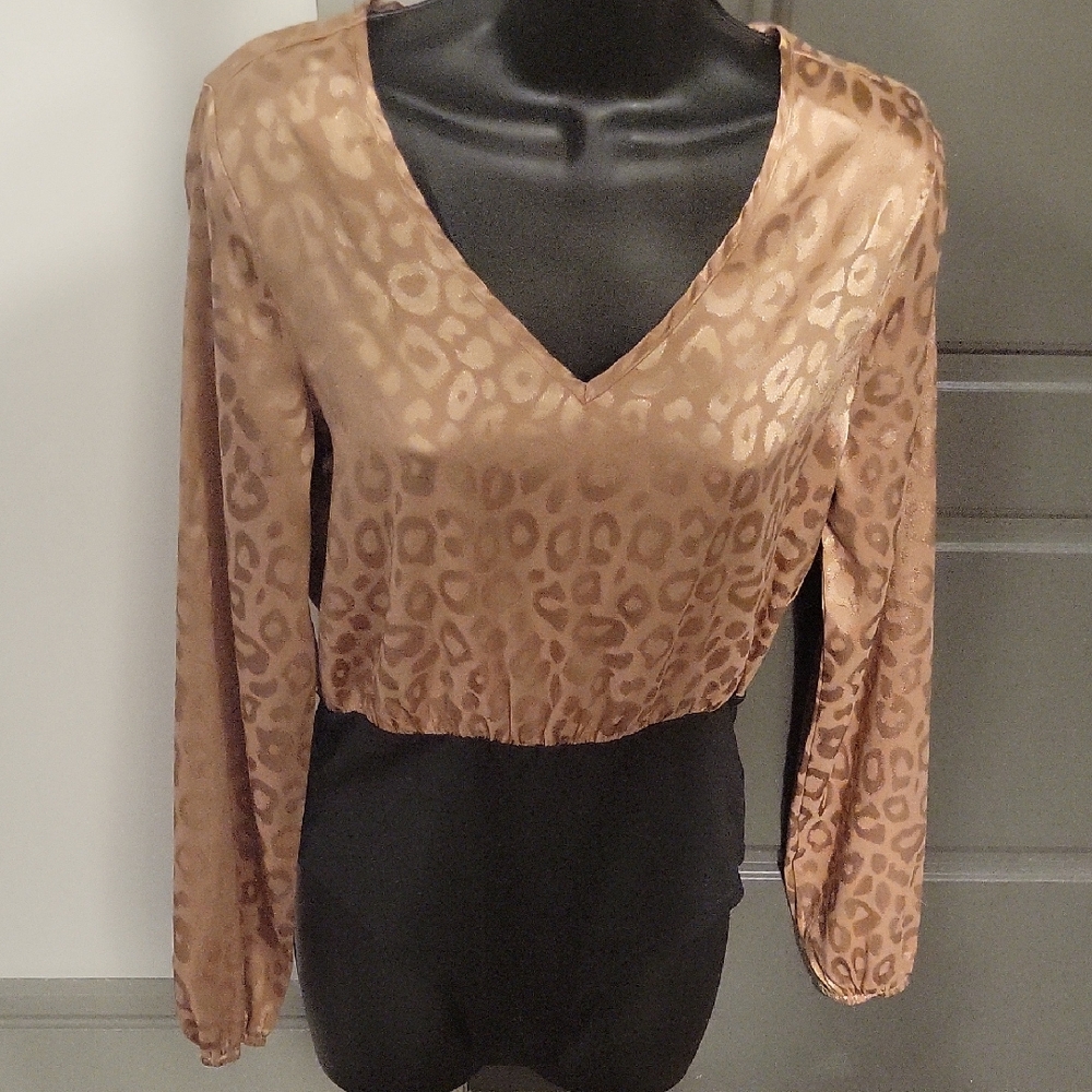SHEIN Brown Leopard V-Neck Blouse